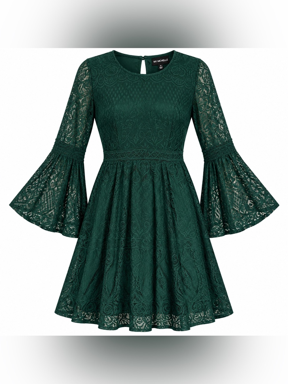 My Michelle Emerald Green Lace Fit-and-Flare Dress with Bell Sleeves